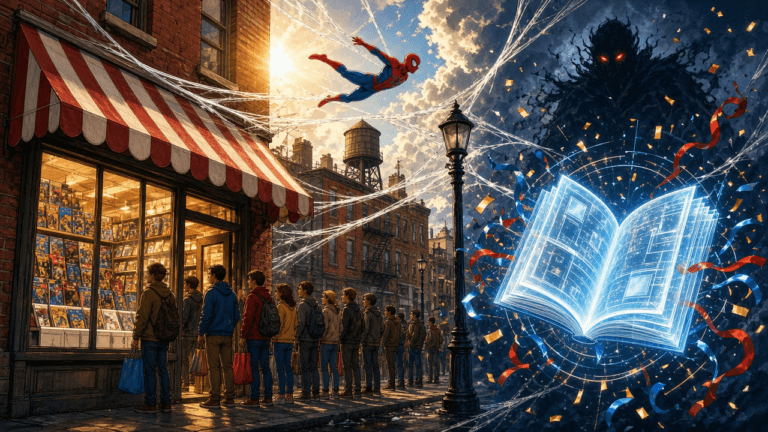 Fans line up outside an indie comic shop on a sunny morning as a red-and-blue masked hero swings overhead on webs, with a glowing comic book bursting with confetti and a shadowy red-eyed villain looming over the rooftops.