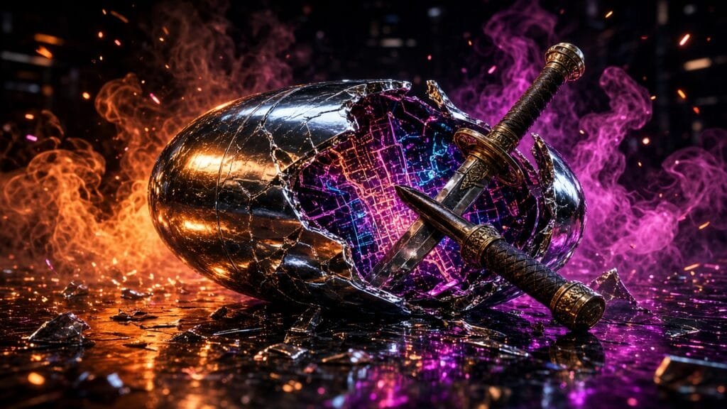 Moody 16:9 RCG comic thumbnail of a cracked chrome bombshell casing over a neon Tokyo alley map shard and crossed sword hilts in magenta-orange smoke, no text or logos.