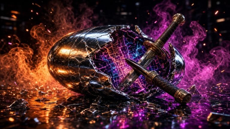 Moody 16:9 RCG comic thumbnail of a cracked chrome bombshell casing over a neon Tokyo alley map shard and crossed sword hilts in magenta-orange smoke, no text or logos.