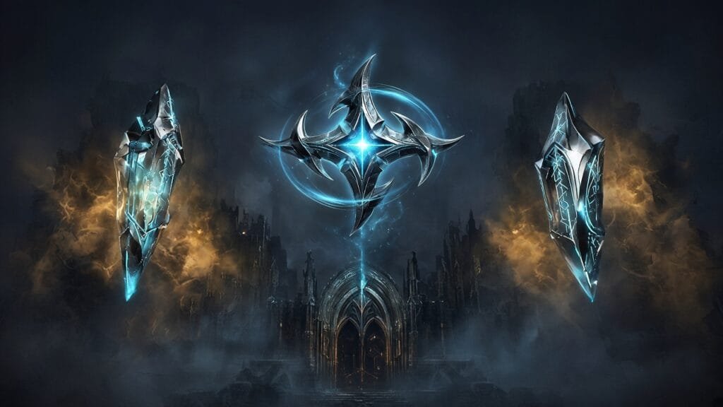 Moody 16:9 RCG gaming thumbnail of twin jade-chrome destiny orbs and a cracked crystalline fortress tower over SNES RPG crest shards with amber teal smoke, no text or logos.
