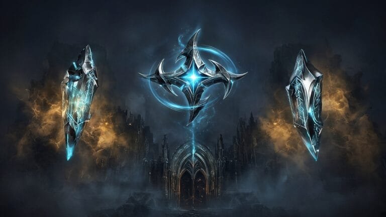 Moody 16:9 RCG gaming thumbnail of twin jade-chrome destiny orbs and a cracked crystalline fortress tower over SNES RPG crest shards with amber teal smoke, no text or logos.