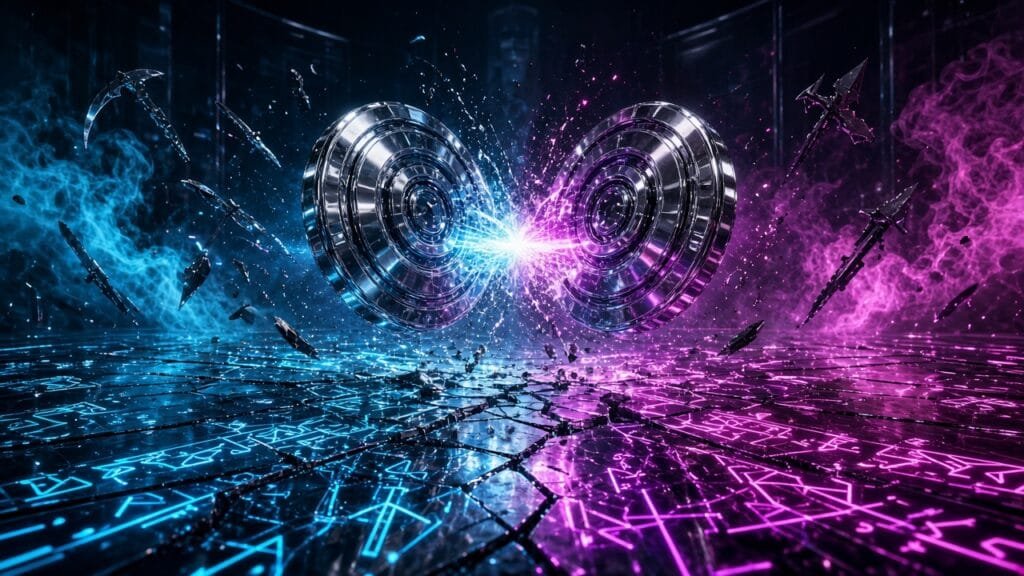 Moody 16:9 RCG gaming thumbnail of twin chrome disruptor medallions clashing over a shattered dimensional arena floor with cyan magenta smoke, no text or logos.