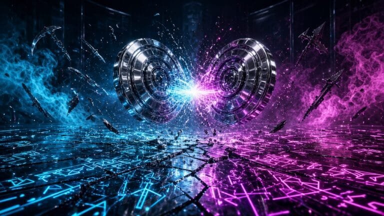 Moody 16:9 RCG gaming thumbnail of twin chrome disruptor medallions clashing over a shattered dimensional arena floor with cyan magenta smoke, no text or logos.