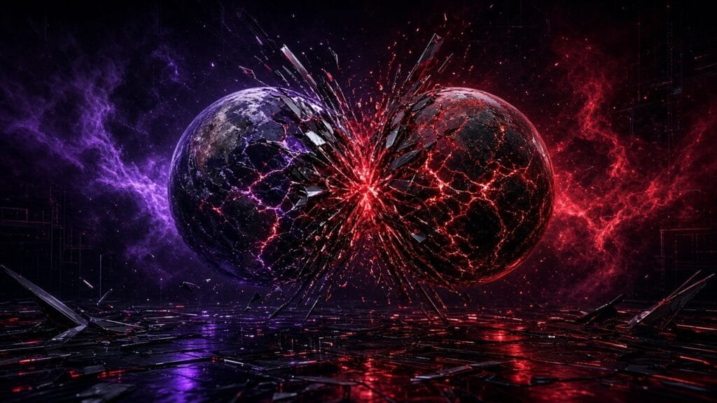 Moody 16:9 RCG comics thumbnail of two colliding cracked Earth globes with red-sky fractures and metallic comic-panel shards, no text or logos.