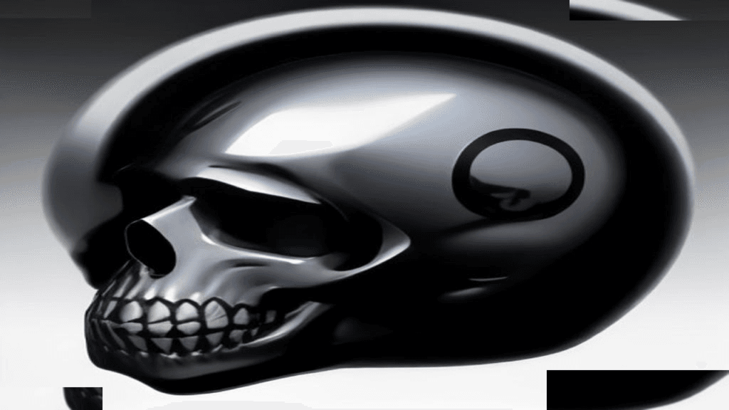 Moody 16:9 RCG comics thumbnail of a glossy dark-chrome skull crest in profile on a cool gradient, no text or logos.
