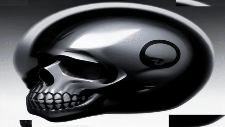 Moody 16:9 RCG comics thumbnail of a glossy dark-chrome skull crest in profile on a cool gradient, no text or logos.