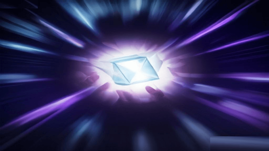 Moody 16:9 RCG comics thumbnail of a cracked chrome origin cube radiating abstract M-shaped energy over shattered arena smoke, no text or logos.