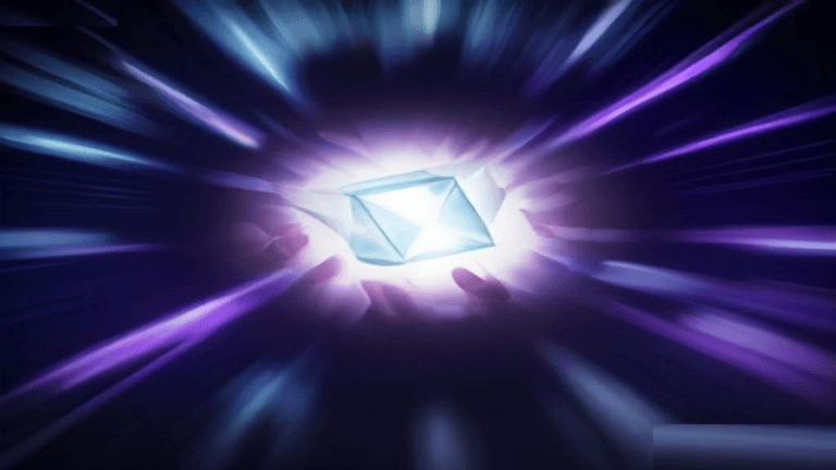 Moody 16:9 RCG comics thumbnail of a cracked chrome origin cube radiating abstract M-shaped energy over shattered arena smoke, no text or logos.