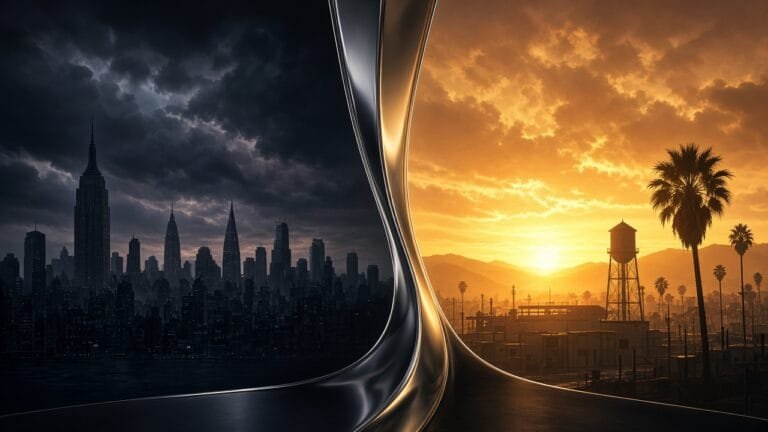 Moody split-scene comic-news thumbnail of a cool New York skyline silhouette fading into warm California studio-lot light, no logos or text