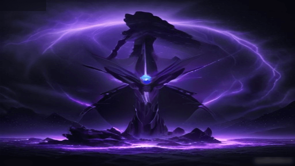 Moody 16:9 RCG comics thumbnail of a chrome X-energy shield under a purple Negative Zone vortex with gold lightning and smoke, no text or logos.