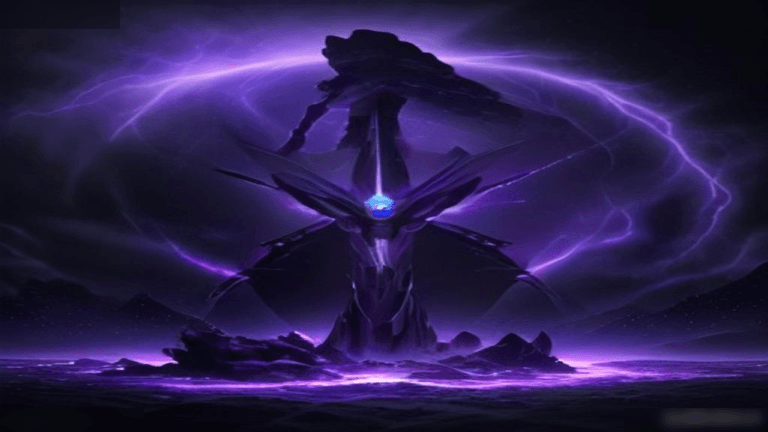 Moody 16:9 RCG comics thumbnail of a chrome X-energy shield under a purple Negative Zone vortex with gold lightning and smoke, no text or logos.