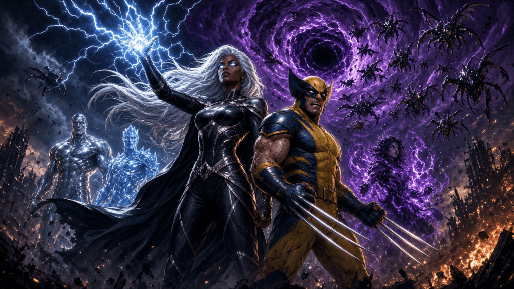 Moody 16:9 RCG comics thumbnail of metallic X-insignia with lightning and claw silhouettes over cosmic locust shadows, no text or logos.