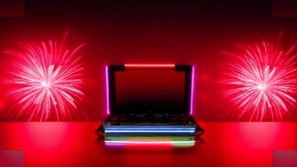 Moody 16:9 RCG gaming thumbnail of glossy chrome Mega Man-style buster chips and a glowing Proto shield fragment over neon fireworks sparks with cyan magenta smoke, no text or logos.