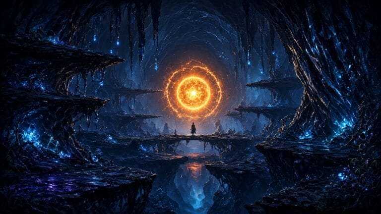 Moody 16:9 gaming thumbnail of a glowing orange energy orb inside an alien cavern silhouette with teal bioluminescent veins, no text, characters, or logos.