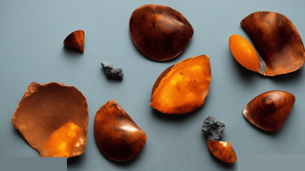 Moody 16:9 RCG gaming thumbnail of three interlocking chitinous arachnid carapace plates — larger amber-gold primary flanked by two darker shells — on volcanic rock with cyan smoke, no text or logos.
