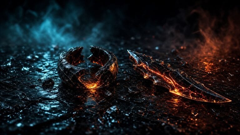 Moody 16:9 RCG gaming thumbnail of a fractured obsidian ring fragment and glowing orc blade on volcanic glass with amber cyan smoke, no text or logos.