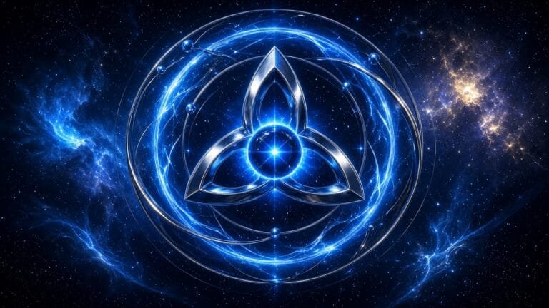 Abstract cosmic blue energy rings and a triple-star motif glowing in deep space with amber heat sparks, symbolic comics-crowdfund mood, no text or character likeness.