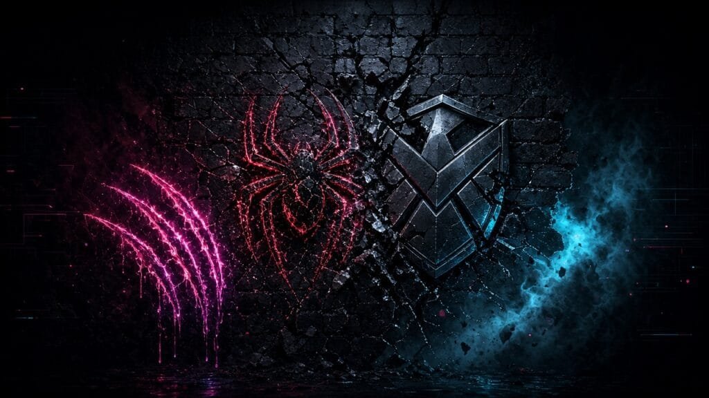 Moody 16:9 RCG comics thumbnail of a cracked spider emblem colliding with a jagged shield badge and venomous claw mark on shattered brick, no text or logos.