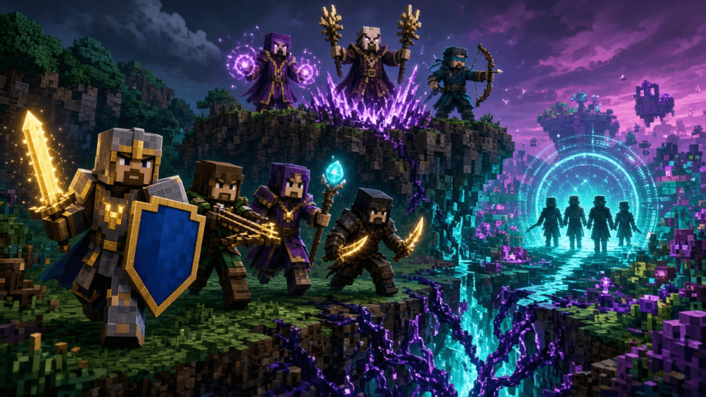 Four blocky armored heroes charge toward three looming Illager casters as a glowing rift tears the Overworld open into a saturated alien Sift landscape.