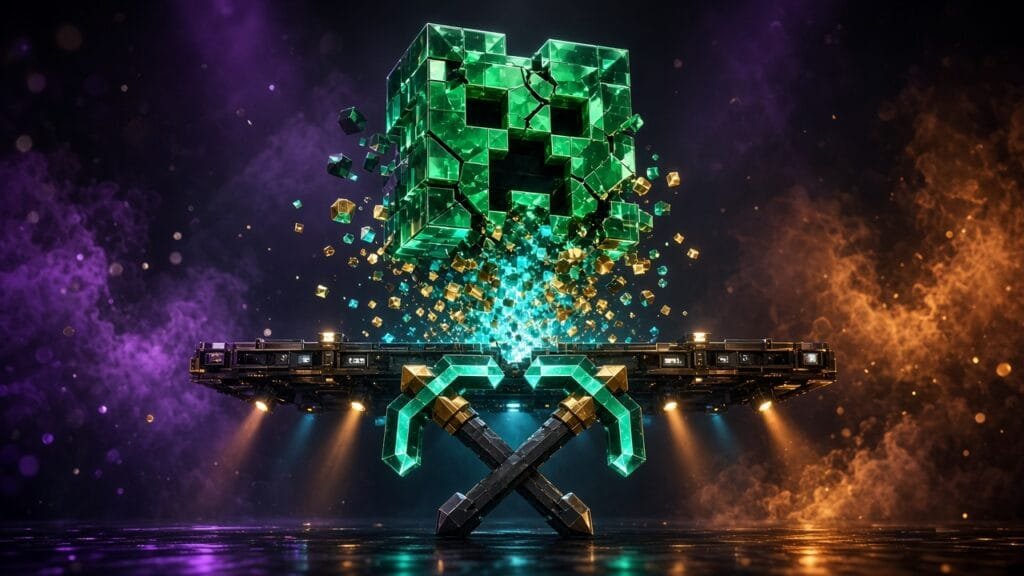 Moody 16:9 RCG gaming thumbnail of a cracked geometric emerald gem spilling pixel dust over crossed dungeon-key pickaxes and stage lights, no text or logos.