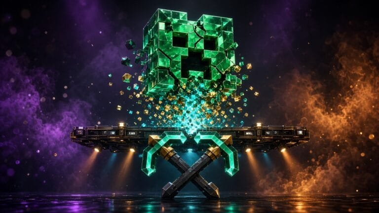 Moody 16:9 RCG gaming thumbnail of a cracked geometric emerald gem spilling pixel dust over crossed dungeon-key pickaxes and stage lights, no text or logos.