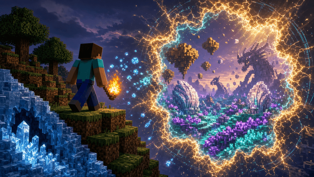 A blocky adventurer with a torch stands on a grassy voxel hillside beside glowing ice crystals, facing a crackling gold-and-teal rift that opens onto a new violet and teal dimension with shell-like rock formations, floating islands and strange creature silhouettes.