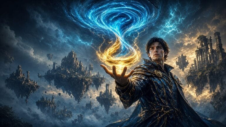 Moody 16:9 RCG comics thumbnail of a young mage warping a blue-gold hourglass of arcane energy over floating island ruins, no text or logos.