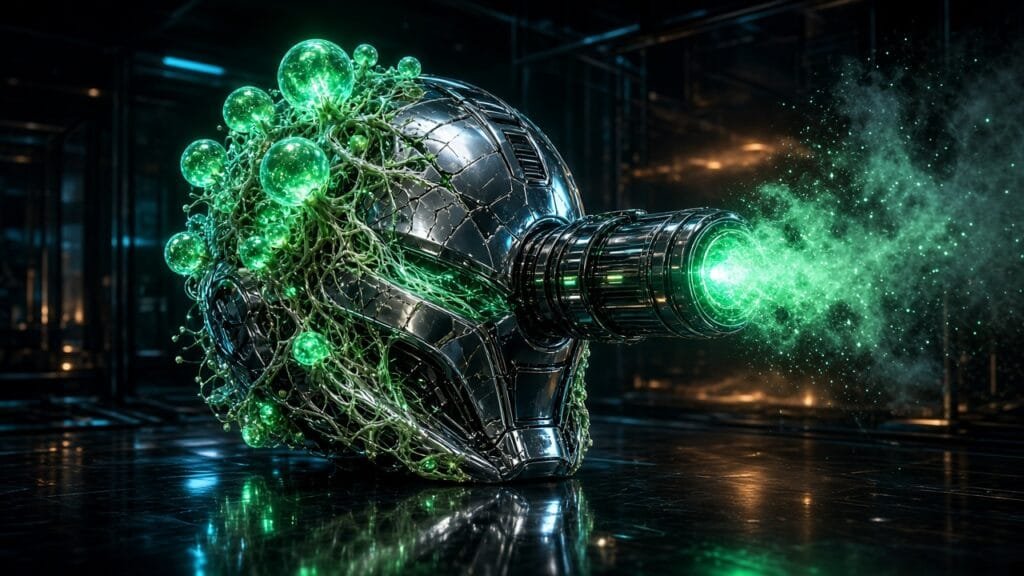Moody 16:9 RCG gaming thumbnail of a chrome robot hazard helmet cracked with glowing fungal spores beside a glossy plasma shotgun in emerald cyan smoke, no text or logos.
