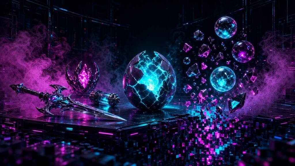 Moody 16:9 RCG gaming thumbnail of neon cybermyth weapons and cracking Hatchmon eggs cascading into a magenta-cyan abyss void, no text or logos.