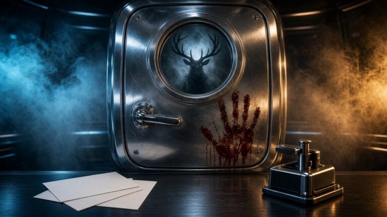 Moody 16:9 RCG gaming thumbnail of a chrome airplane emergency door with a bloody handprint smear beside a glossy antlered deer skull silhouette in cyan amber cabin smoke, no text or logos.
