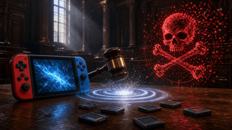 A hybrid handheld console with red and blue controllers on a courtroom bench as a judge's gavel strikes, while a red holographic pirate skull and crossbones dissolves into pixels.
