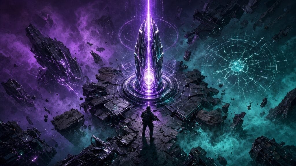 Moody 16:9 RCG gaming thumbnail of a glossy chrome extraction beacon glowing amid fractured dimensional ruins and violet smoke, top-down tactical vibe, no text or logos.