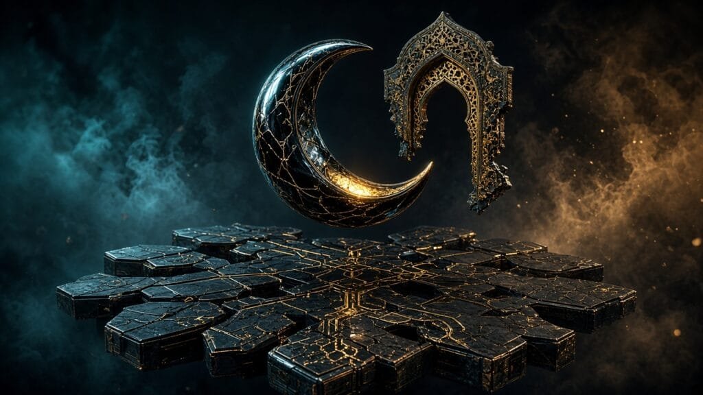 Moody 16:9 RCG gaming thumbnail of an obsidian crescent lantern and Persian-arch metal gateway over dark city-route tiles in amber-teal smoke, no text or logos.