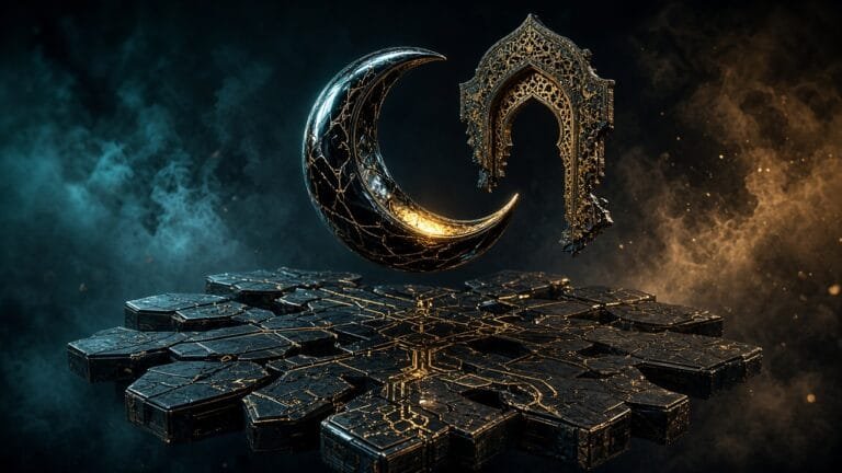 Moody 16:9 RCG gaming thumbnail of an obsidian crescent lantern and Persian-arch metal gateway over dark city-route tiles in amber-teal smoke, no text or logos.