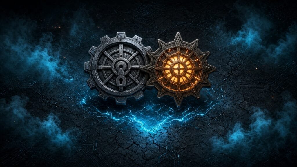 Moody 16:9 RCG gaming thumbnail of interlocking vault-gear and desert-sun medallion sigils over cracked neon circuit parchment with cyan amber smoke, no text or logos.