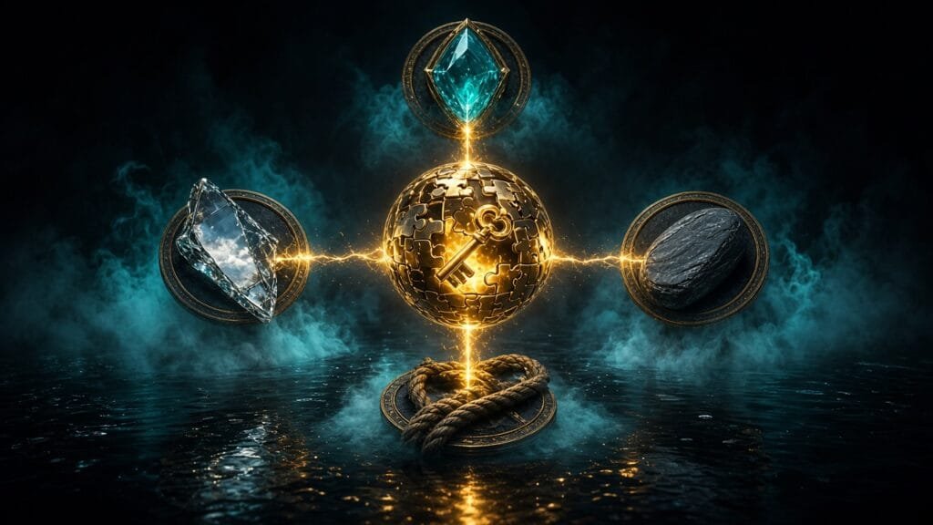Moody 16:9 RCG gaming thumbnail of a glowing golden puzzle orb merging four realm tokens over dark water and fog with cyan teal smoke, no text or logos.
