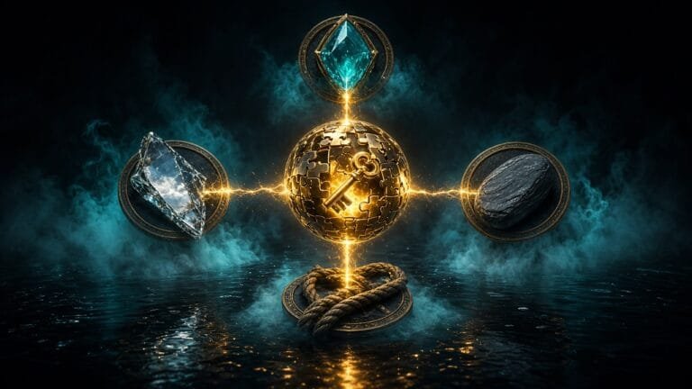 Moody 16:9 RCG gaming thumbnail of a glowing golden puzzle orb merging four realm tokens over dark water and fog with cyan teal smoke, no text or logos.