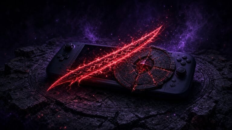 Moody 16:9 RCG gaming thumbnail of a handheld deck silhouette fused with a crimson exile rune blade and cracked gemstone atlas, no text or logos.