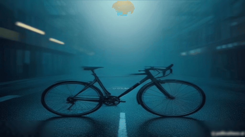 Moody 16:9 RCG gaming thumbnail of a rain-slick CRT midnight-channel TV with delivery bicycle bell, takeout carton, and glowing blank tarot card in amber cyan fog, no text or logos.