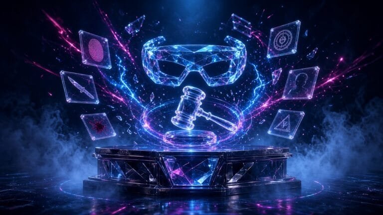 Moody 16:9 RCG gaming thumbnail of a holographic gavel and floating evidence cards around a VR headset over a stylized courtroom bench, no text or logos.