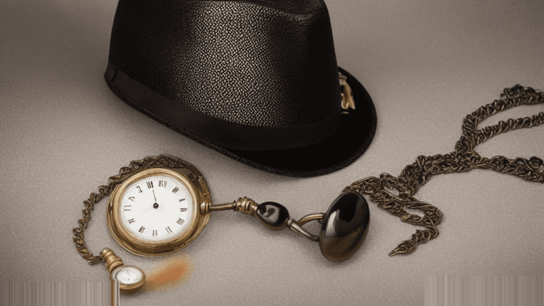Moody 16:9 RCG gaming thumbnail of a shattered chrome pocket watch, noir fedora brim, and blank string-board under amber teal rain light, no text or logos.