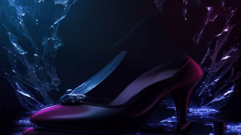 Moody 16:9 RCG comics thumbnail of a glossy dark-magenta stiletto with a chrome blade tip amid blue-purple smoke, no text or logos.