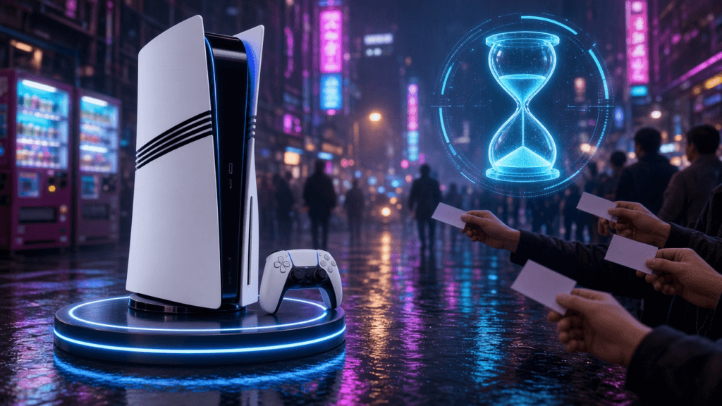 A sleek white game console with black stripes glows on a pedestal in a rainy neon Tokyo street as hands holding lottery tickets reach toward it under a holographic hourglass that has filled to full.