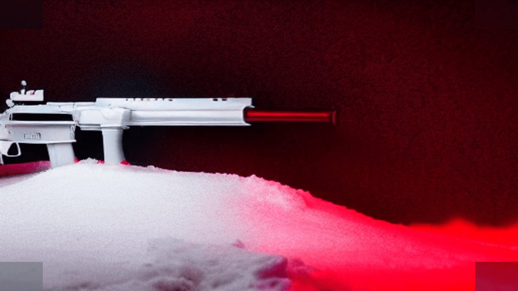 Moody 16:9 RCG comics thumbnail of a matte white tactical skull emblem half-buried in blood-tinged snow with chrome winter rifle silhouette and cold cyan smoke, no text or logos.