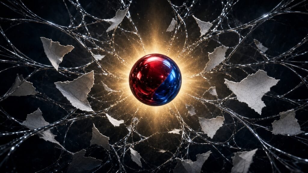 Moody 16:9 comic-news thumbnail: glossy red-to-blue metallic orb centered on a dark web lattice with floating torn comic-page shards and a golden milestone glow; no text or logos.
