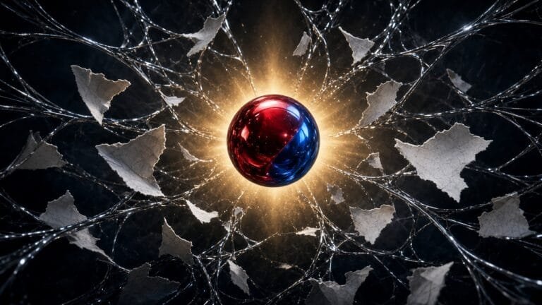Moody 16:9 comic-news thumbnail: glossy red-to-blue metallic orb centered on a dark web lattice with floating torn comic-page shards and a golden milestone glow; no text or logos.