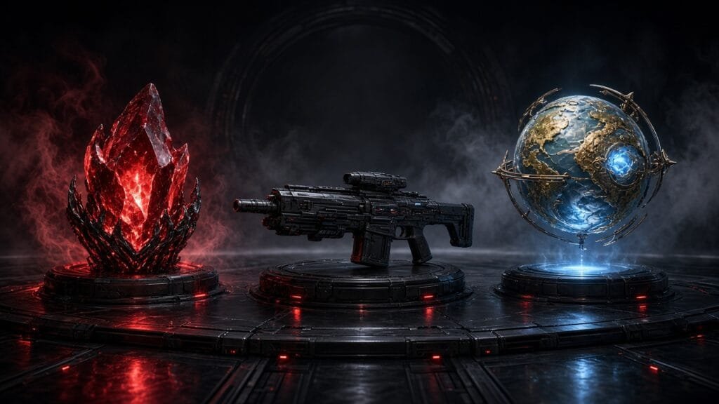 Moody 16:9 thumbnail with dark fantasy/sci-fi Blizzard-franchise silhouettes and ember glow, no text or logos.