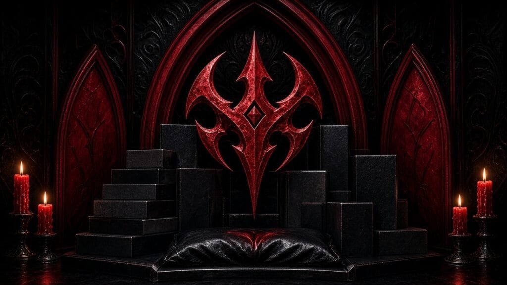 Moody gothic comic-news thumbnail: crimson pointed arches, blood-red metallic sigil, candlelit glow, and abstract omnibus book-stack silhouettes on black — no text, no characters.