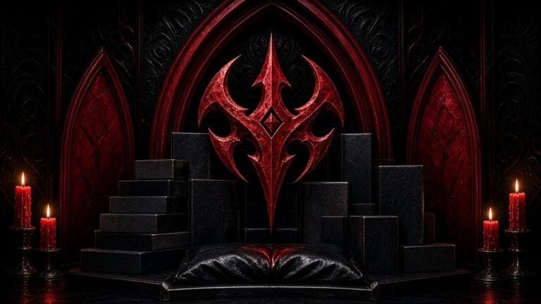 Moody gothic comic-news thumbnail: crimson pointed arches, blood-red metallic sigil, candlelit glow, and abstract omnibus book-stack silhouettes on black — no text, no characters.