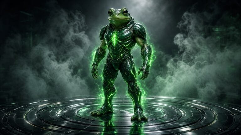 Moody 16:9 thumbnail of a glossy dark-green cybernetic amphibian armor figure with neon-green glow on a concentric chrome floor amid smoke, no text or logos.